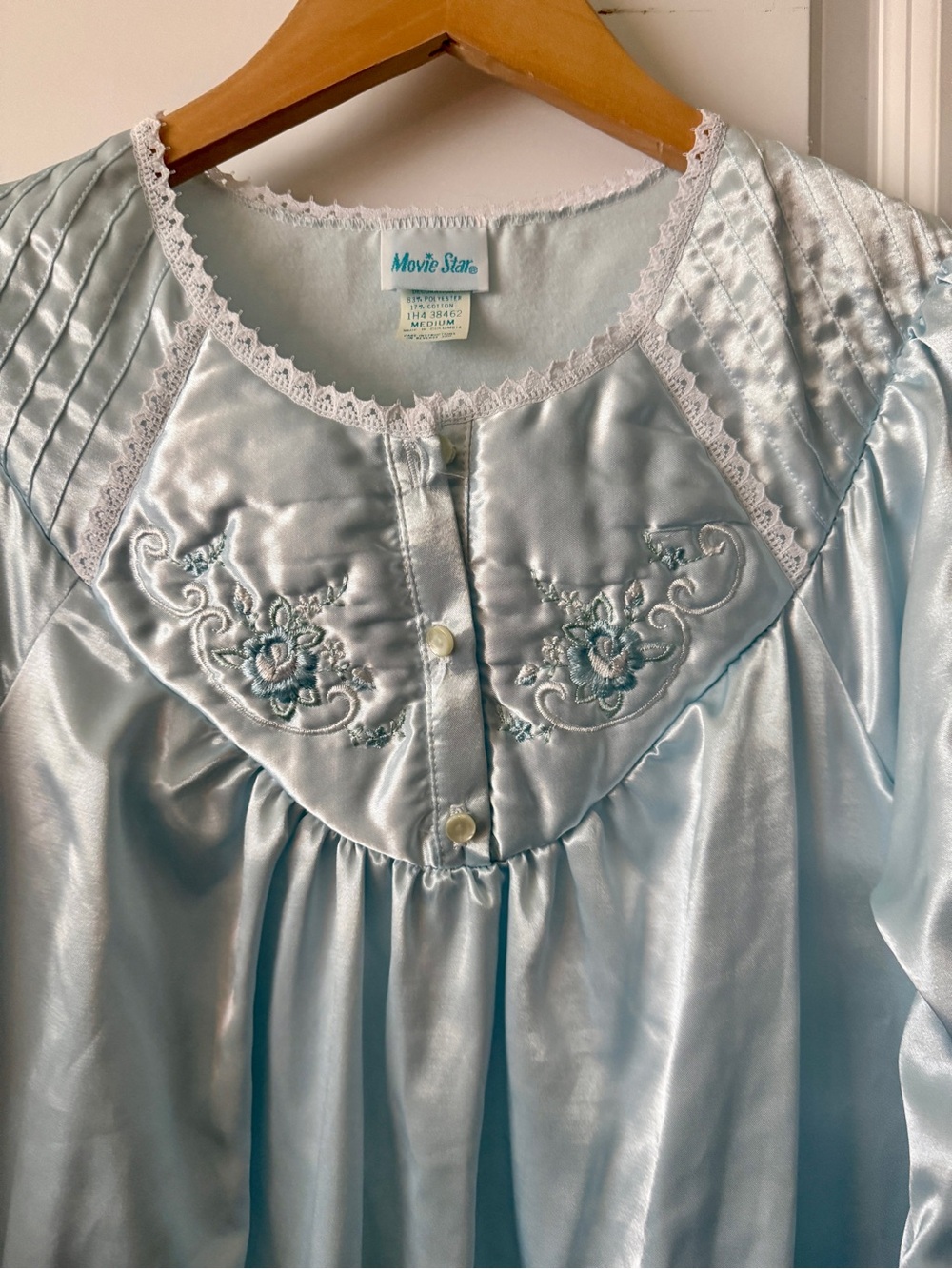 NWT Vintage Movie Star Lingerie Nightgown Medium Blue Satin Lace Embroidered 52”